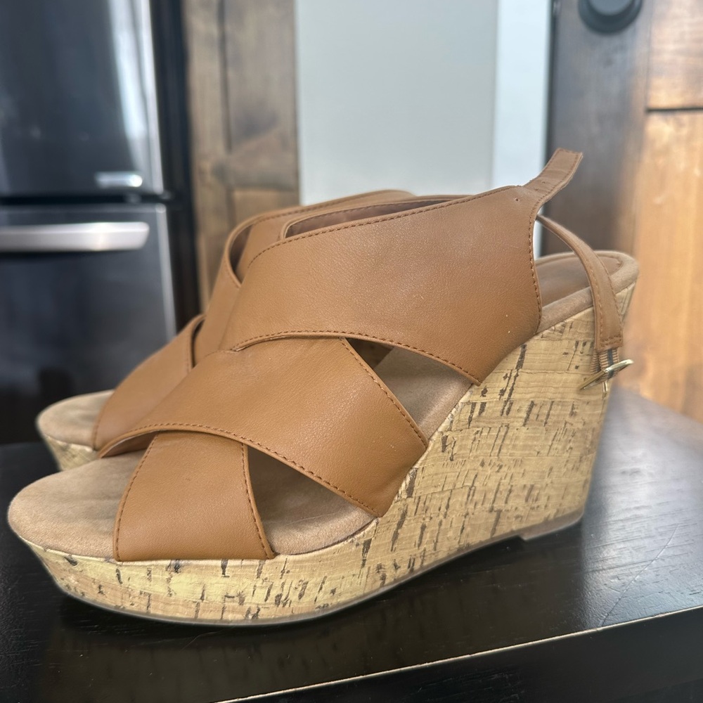 Tan Leather Wedge Sandals with Cork Platform